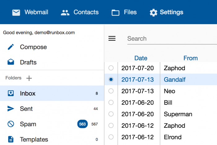 Screenshot sample of Runbox 7 Webmail