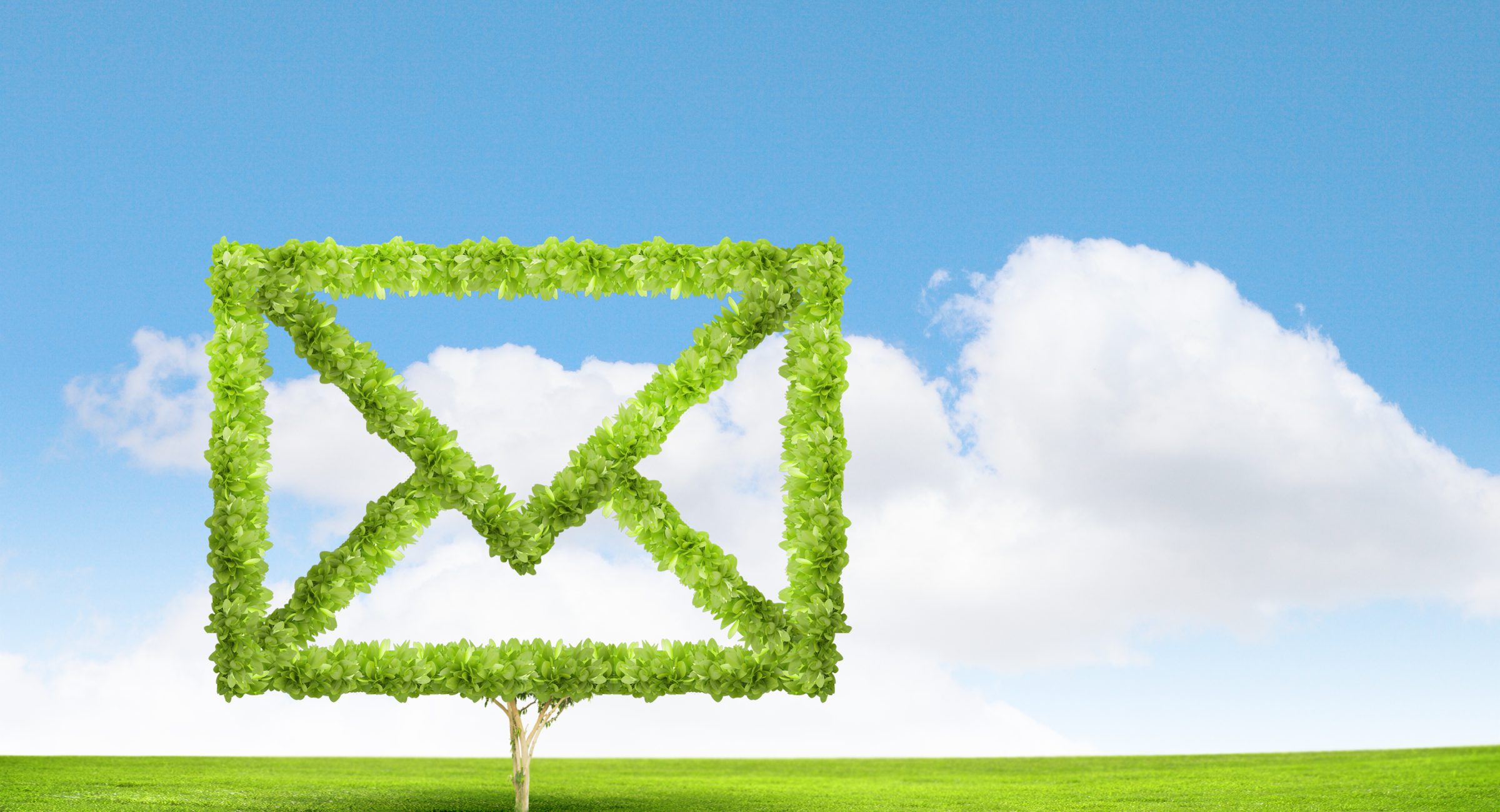 Email concept green outline of email in a green field with blue sky