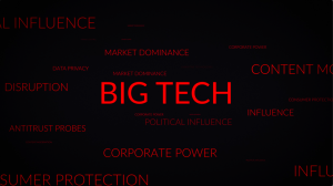 Big Tech red letters on black backround with words like market dominance, influence, antitrust probes, corporate power.