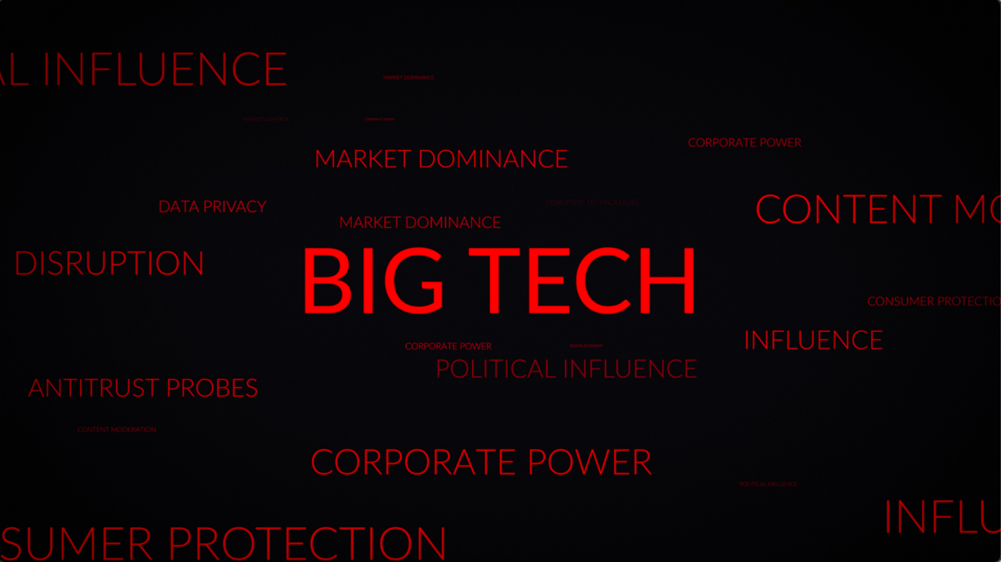 Big Tech red letters on black backround with words like market dominance, influence, antitrust probes, corporate power.