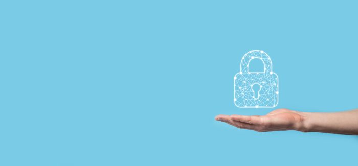 Male hand holding a lock padlock icon.Cyber security network. Internet technology networking.Protecting data personal information on tablet. Data protection privacy concept. GDPR. EU.Banner