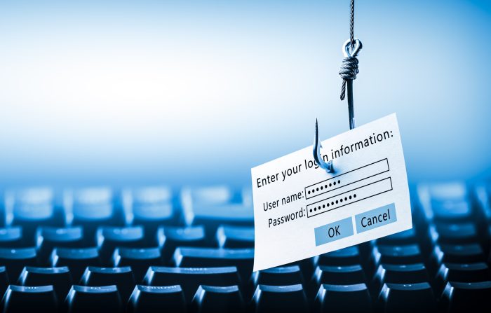 Login Information Attached To Large Hook Hanging In Front Of Computer Cyber Crime / Phishing Concept