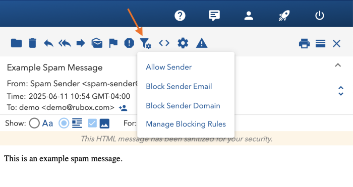 Runbox 7 Block allow sender spam drop down menu