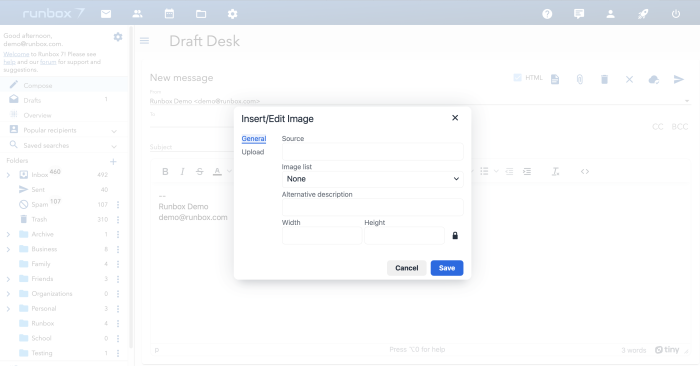 Runbox 7 Insert edit image file screen