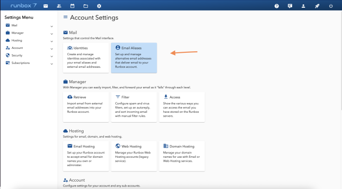 Runbox 7 account settings email aliases