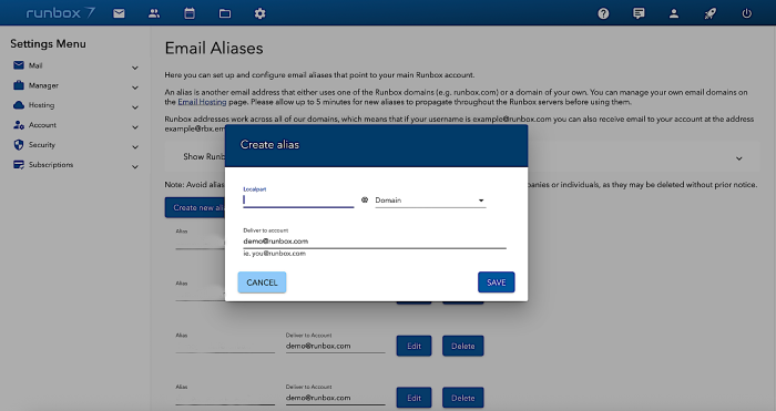 Runbox 7 add email alias page
