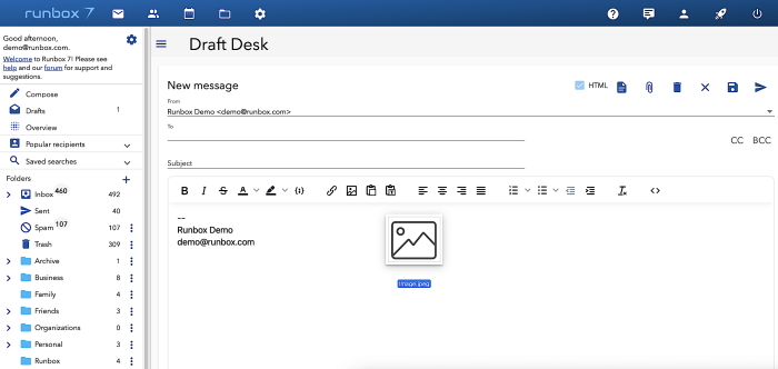 Runbox 7 drag image to message body