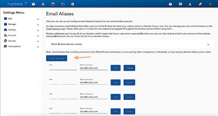 Runbox 7 email aliases page