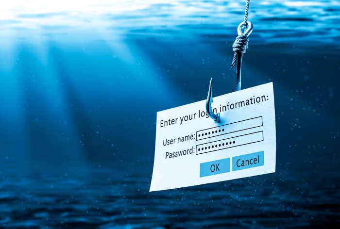 Login Information Attached To Large Hook Under Water With Sunlight Phishing Concept