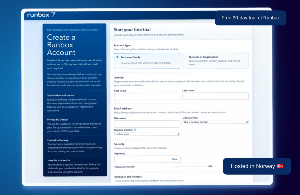 New sign up page Runbox 7